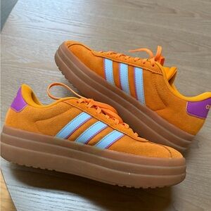 adidas Orange Suede Platform Sneakers with Purple Heel Tab